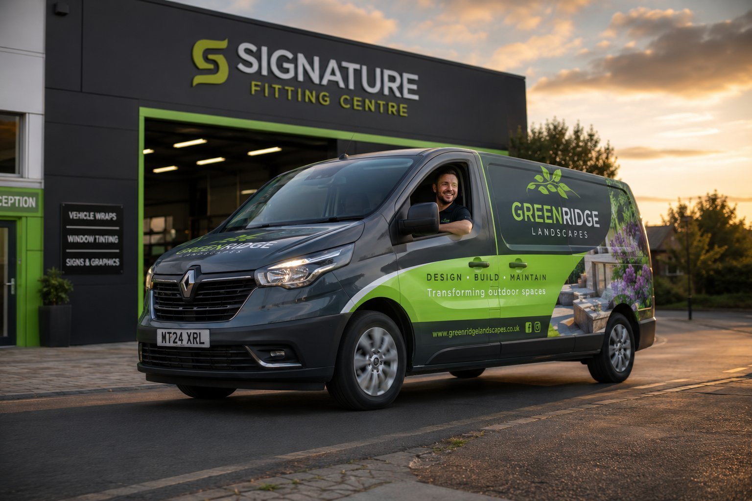 Van driver smiling after wrap fitting