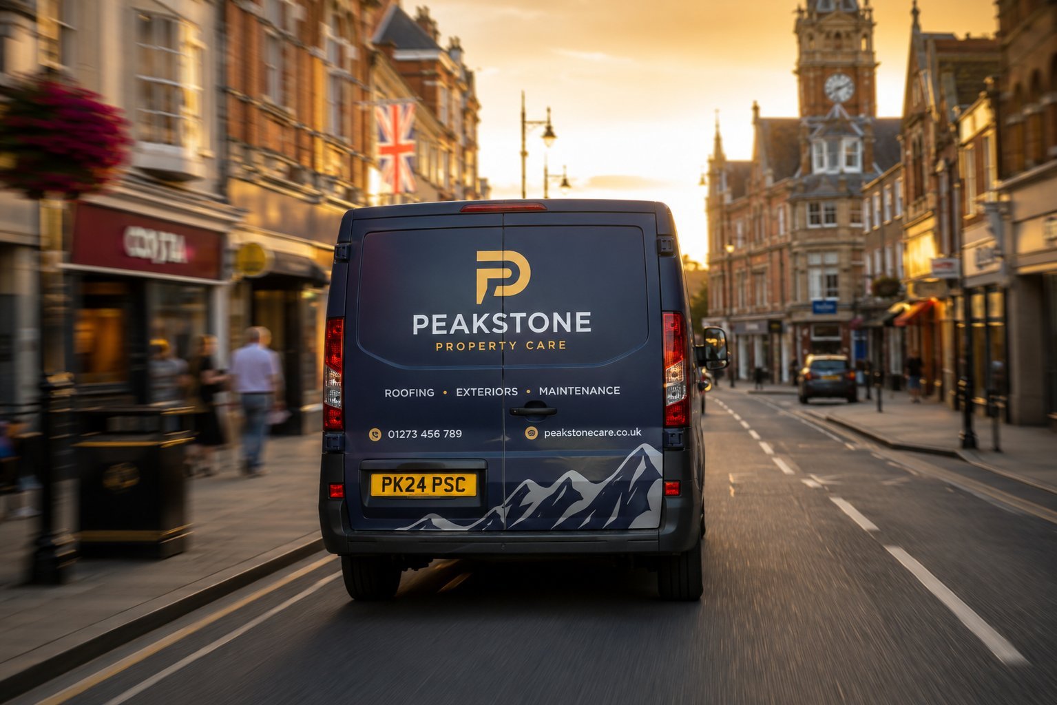 Branded van driving through a UK high street at golden hour